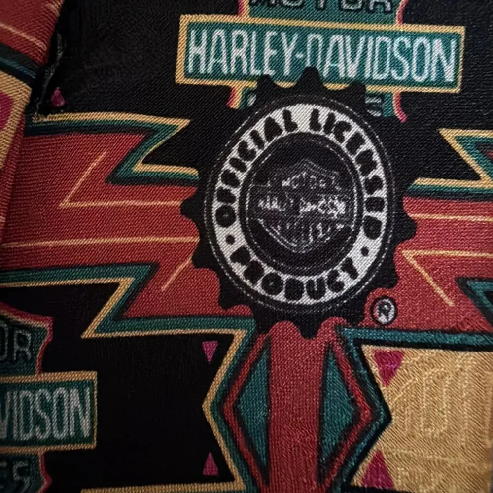 Harley Davidson Silk Tie Red Yellow Black Thunderbird Logo Necktie Y2k USA Gift